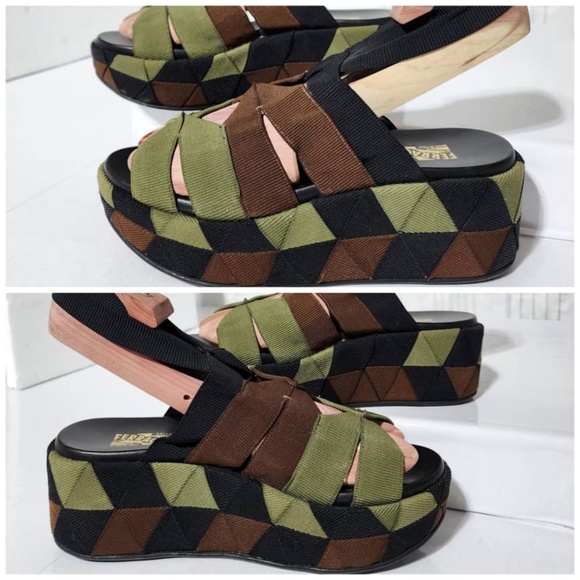 Authentic SALVATORE FERRAGAMO Colorblock Pattern Slingback Sandals Green/Brown - Picture 11 of 13